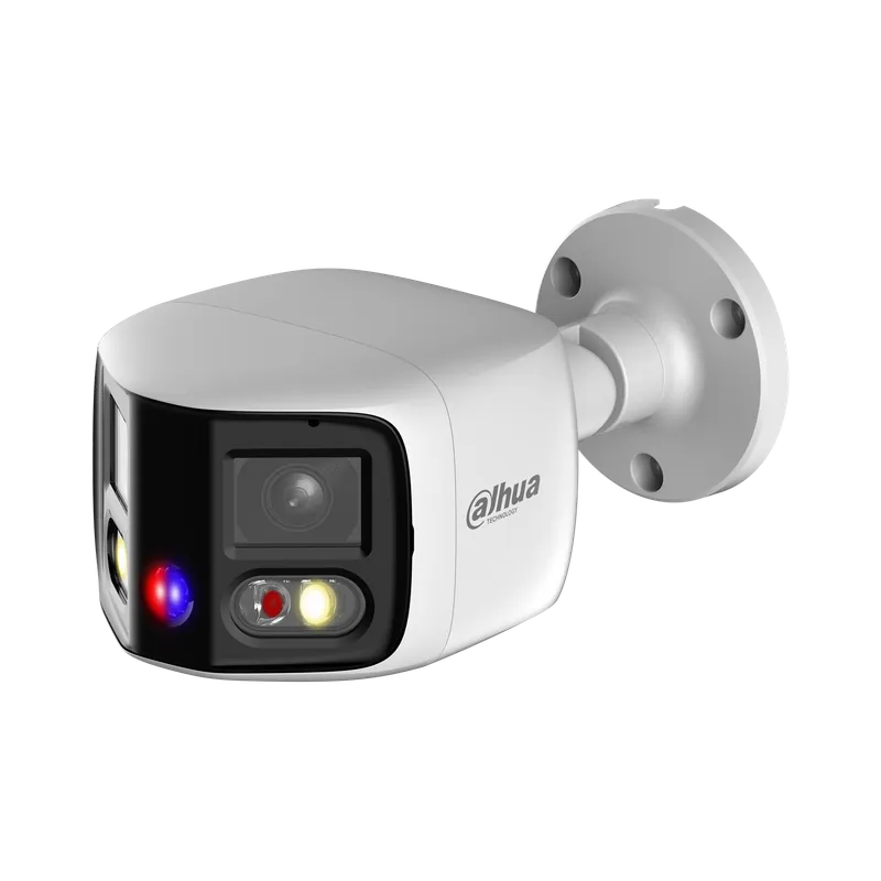 Retur gratuit Camera de exterior IP Dahua WizSense TiOC Duo Active Deterrence, 2 x 4 MP, 180, lentila 2.8 mm, lumina alba 20 m, IR 25 m, microfon, difuzor, slot card, PoE - IPC-PFW3849S-A180-E2-AS-PV-0280B
