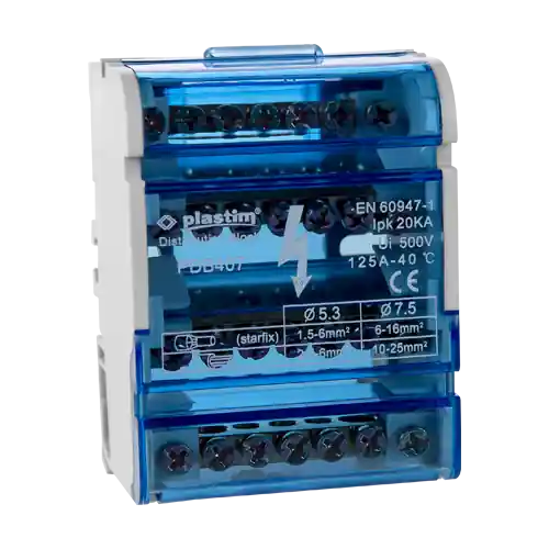Plată securizată Bloc de distributie electrica, 4×7 poli, 125A - Plastim PDB407