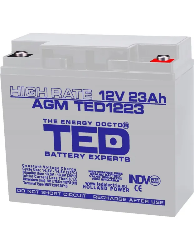 Retur ușor Acumulator AGM VRLA 12V 23A High Rate 181mm x 76mm x h 167mm M5 TED Battery Expert Holland TED003362 (2)