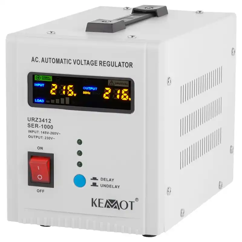 Disponibil imediat Stabilizator Tensiune Automat Kemot 1000VA URZ3412Protectie Supratensiune, Subtensiune, 220V ±10%, Protectie Termica si Frecventa 50/60Hz