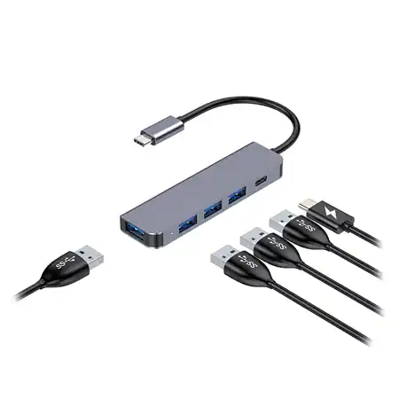 Plată securizată Hub USB-C 5 in 1, 4x USB 3.0 5Gbps, USB-C PD 100W, carcasa aluminiu, Plug & Play, PMH42