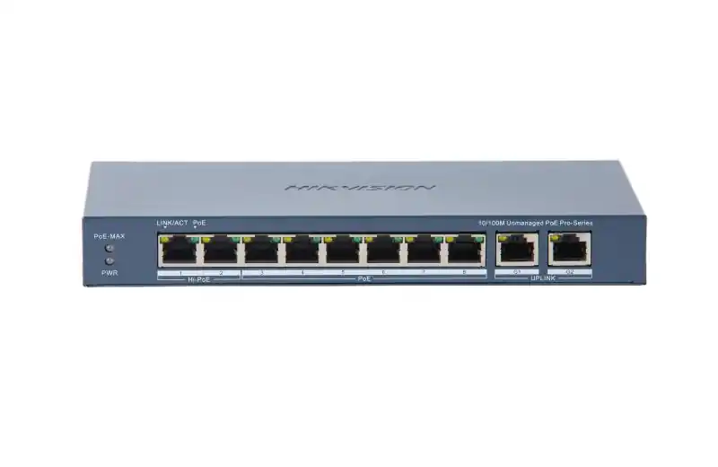 Switch PoE Hikvision DS-3E0310HP-E(C), 8 porturi PoE, 2 porturi Gigabit RJ45, putere PoE 110W, 6kV Preț promoțional