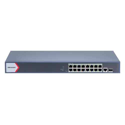 Switch 16 porturi PoE Gigabit, 1 port RJ45 Gigabit, 1 port SFP Gigabit, Smart Management - Hikvision DS-3E1518P-EI-M Preferatul clienților
