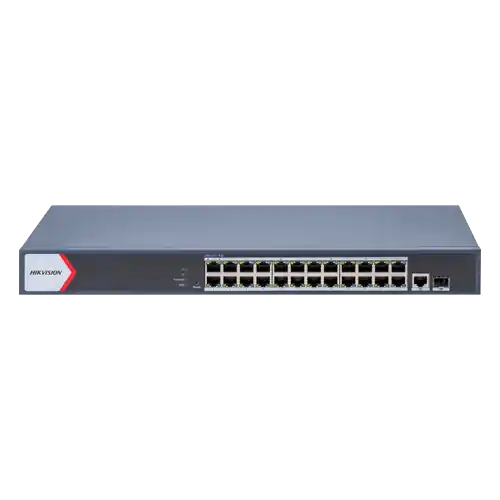 Super ofertă Switch 24 porturi PoE Gigabit, 1 port RJ45 Gigabit, 1 port SFP Gigabit, Smart Management - Hikvision DS-3E1526P-EI