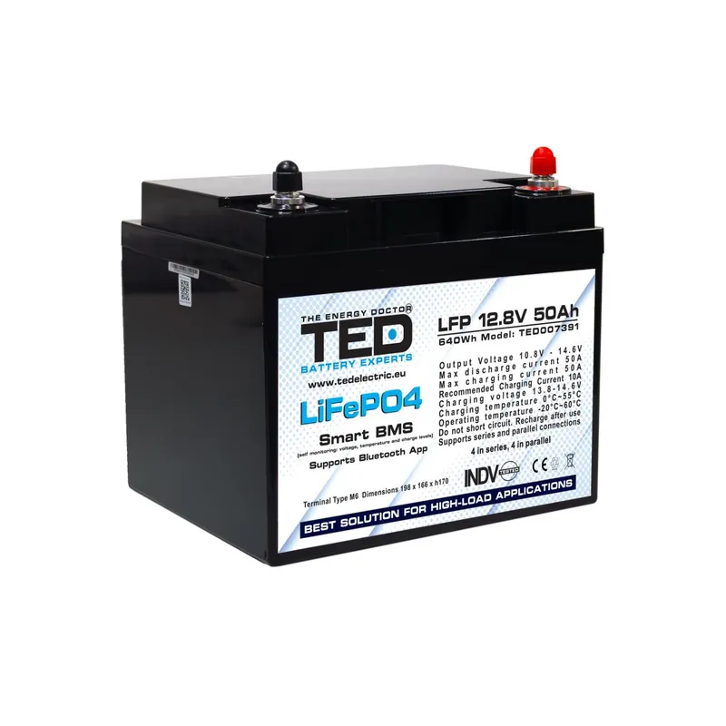 Acumulator LiFePo4 12.8V 50A, BMS, bluetooth, M6 TED Electric - TED007391 Super ofertă