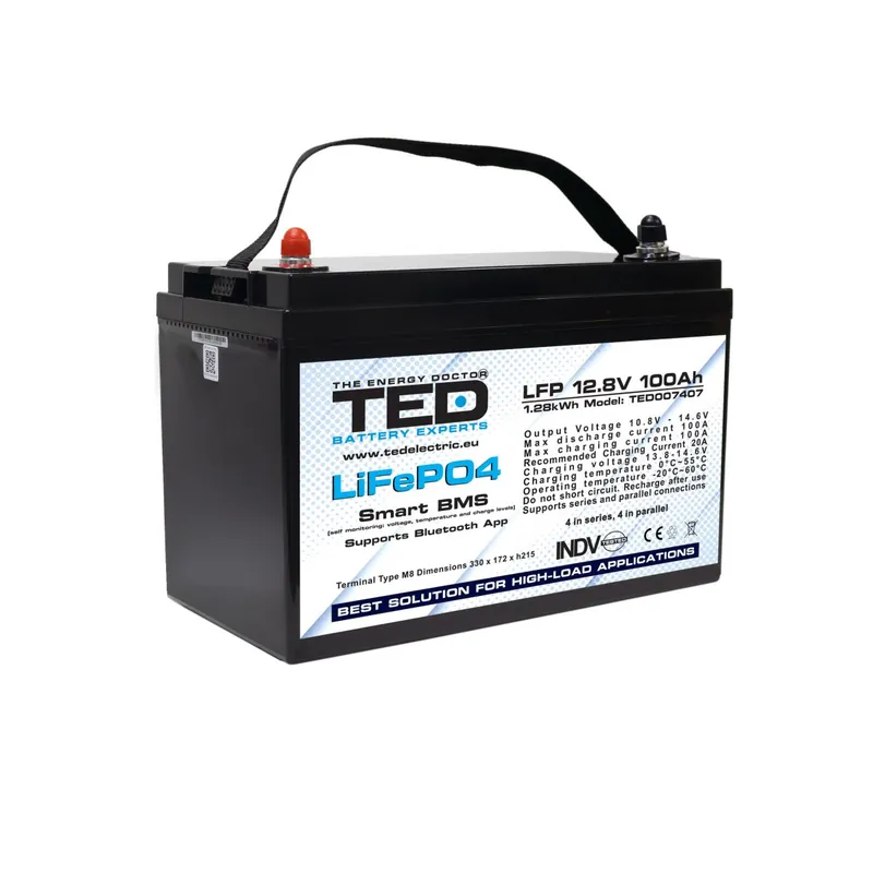 Comandă acum Acumulator LiFePo4, 12.8V, 100Ah, BMS, bluetooth, M8 TED Electric, TED007407