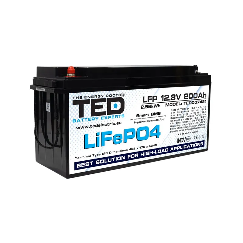 Livrare gratuită Acumulator LiFePo4 12.8V 200A 484x170x240mm BMS, bluetooth, M8 TED Electric - TED007421