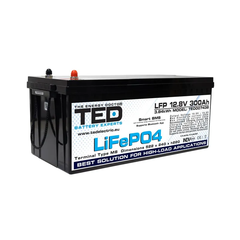 Acumulator LiFePo4 12.8V 300A 522x240x220mm BMS, bluetooth, M8 TED Electric - TED007438 Super ofertă
