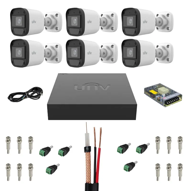 Retur gratuit Sistem supraveghere complet Uniview, 6 camere, 2MP, Full HD, Microfon, IR 20m, Accesorii montaj inclus, DVR, HDD, Vizualizare pe mobil