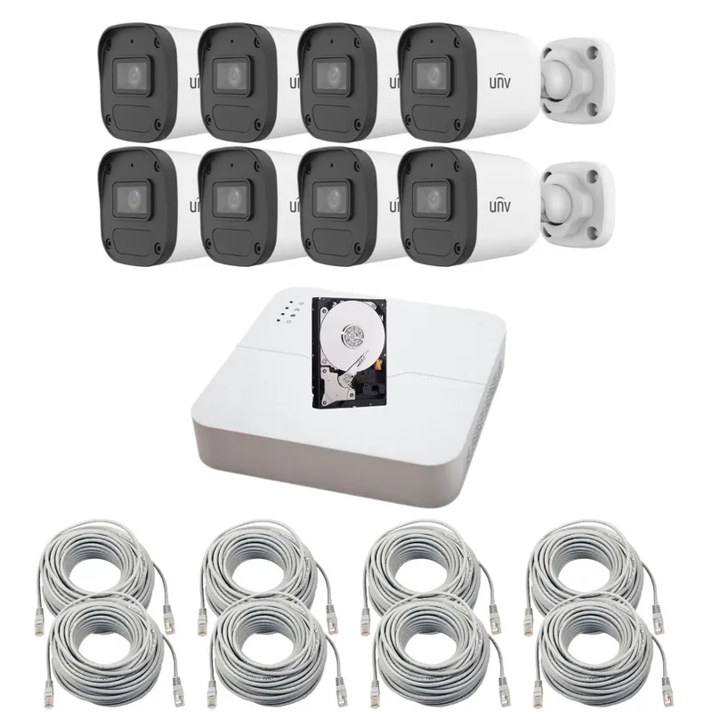 Cel mai vândut Sistem supraveghere IP Uniview, 8 camere, 4MP, PoE, IR 30m, Microfon, DVR 8 canale, Accesorii montaj