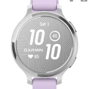 Preț redus Ceas Garmin Lily 2, display AMOLED, dimensiune afisaj 25,4 mm x 21,3 mm, rezolutie afisaj 240 x 201 pixeli, memorie 8GB, autonomie pana la 9 zile, rezistanta la apa pana la 5 ATM, greutate: 24,4g, ramă Argintiu, şi curea Purple Jasmine din silicon