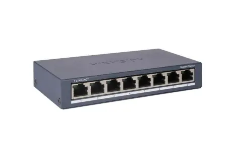 Switch Hikvision DS-3E0508-O: 8 × Gigabit RJ45 port maxim 3W, tensiune alimentare: 5VDC, 0.6A, dimensiuni: 145.00 mm × 25.60 mm × 68.45 mm, greutate: 0.24kg, montare pe birou sau pe perete. Cel mai bun preț