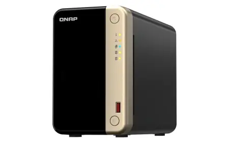 NAS QNAP 264 2-Bay, CPU Intel Celeron N5105/N5095 4-core/4-thread Processor, RAM 8 GB DDR4 (onboard, not expandable), HDD 2 x 2.5"/3.5" SATA 6Gbps + 2 x M.2 2280 PCIe Gen 3 x1 SSD slots (neincluse), LAN: 2 x 2.5GbE (optional 10GbE expansion via a PCIe Doar azi