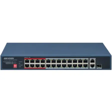 Switch Hikvision DS-3E0326P-E/M(C); 24 Port Fast Ethernet Unmanaged POE Switch Intelligent PoE Management When the power supply exceeds the limit, PoE ports intelligently manage the power supply, which extends the switch lifetime. Up to 300 m Long Range Bestseller