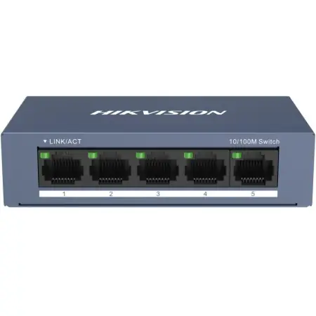 Retur ușor Switch Hikvision DS-3E0105-O: 5 × 10/100 Mbps RJ45 Port, tensiune alimentare 5 VDC, 1A., dimensiuni: 103.05 mm × 25.6 mm × 61.1 mm, greutate: 0.15kg, montare pe birou sau pe perete.