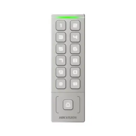 Super ofertă Cititor de proximitate cu tastatura Hikvision DS-K1T809MWX, card sau PIN, maxim 5000 carduri si 1000 useri, cititor pentru carduri M1 incorporat, Wiegand out, supports Wiegand 26/34, alimentare: 12 VDC, 1 A, protectie: IP65, dimensiunii: 151 mm × 48 mm