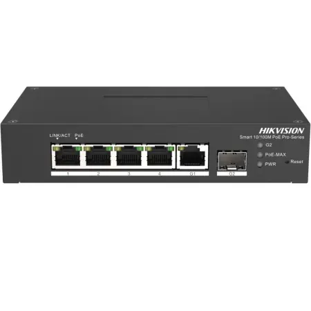 Vezi acum Switch PoE Hikvision DS-3T1306P-SI/HS: 4 × 10/100 Mbps PoE port,1 × Gigabit RJ45 port,1 × Gigabit fiber optical port, PoE: Ports 1 to 4 maxim 30W, buget PoE 60W, tensiune alimentare: 48VDC, 1.36A, dimensiuni: 158.00 mm × 101.20 mm × 31.60 mm, greutate: