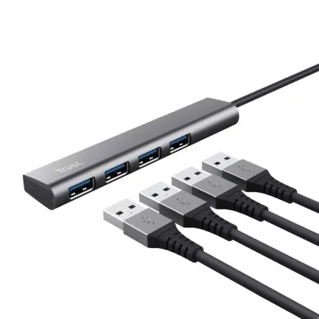 Preț promoțional HUB USB Trust Halyx, USB-C la 4 x USB-A 3.2 Gen 1, dimensiune cablu 10cm, din aluminiu, argintiu