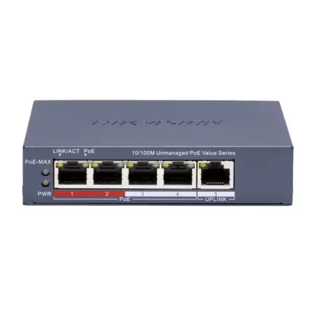 Super ofertă Switch POE 4 porturi Hikvision DS-3E0105P-E/M(C), fara management; 4 × 10/100 Mbps PoE port,1 × 10/100 Mbps RJ45 port, IEEE 802.3af,IEEE 802.3at, PoE power budget 45W, distanta transmisie: 300m;