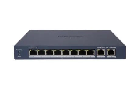 Switch 8 porturi Gigabit, Hikvision DS-3E1510P-EI/M, 8 × gigabit PoE ports, and 2 × Gigabit RJ45, IEEE 802.3af,IEEE 802.3at, MAC address table: 4 K, PoE power budget 60W (Max. port power 30W), material metal, dimensiuni: 217.6 mm × 27.6 mm × 108.5 mm, Noutate