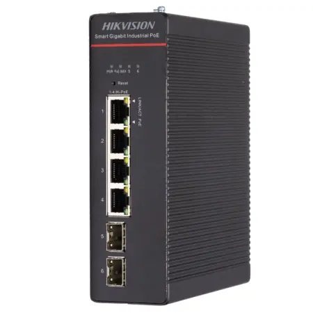 Switch PoE Hikvision DS-3T1506HP-SI-4P2F: 4 x Gigabit Hi-PoE RJ45 Ports, 2 × Gigabit SFP Fiber Optical Ports, 4 porturi Hi-PoE maxim 90W, buget PoE 300W, tensiune alimentare: 48 V DC, 57 A / 52 V~57 V recommended input voltage to ensure stable power Promoție