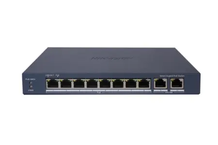 Switch PoE Hikvision DS-3E1510P-EI: 8 × Gigabit PoE port, 2 × Gigabit RJ45 port maxim 30W, buget PoE 110W, tensiune alimentare 54VDC, 2.22A, dimensiuni: 217.6 mm × 27.6 mm × 108.5 mm, greutate: 0.54kg, montare pe birou sau pe perete. Discount