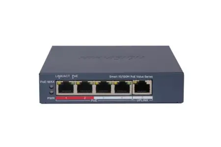Switch PoE Hikvision DS-3E1105P-EI/M(V2), 4 × 10/100 Mbps PoE port,1 × 10/100 Mbps RJ45 port, Total PoE Power Budget 45W, Support 802.1Q VLAN, capacitate: 1.2 Gbps, alimentare: 54VDC, 0.92A, dimensiuni: 121.1 mm × 27.6 mm × 83.1 mm, greutate: 0.26kg. Ultima șansă