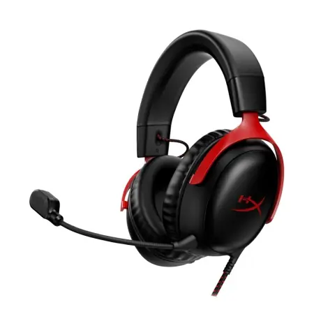 Reducere extra Casti gaming HyperX Cloud III Black-Red, DTS Headphone:X Spatial Audio, drivere 53mm, microfon detasabil cu metal mesh, noise cancelling si indicator LED, jack 3,5mm/USB-C/USB-A, cupe cu spuma cu memorie, multiplatforma, negru-rosu