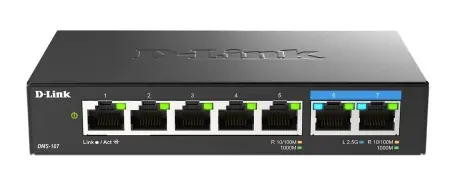 Transport gratuit D-Link switch DMS-107, 7 porturi, Standarde si protocoale: IEEE 802.3 10BASE-T, IEEE 802.3u 100BASE-TX, IEEE 802.3ab 1000BASE-T, IEEE 802.3bz 2.5GBASE-T5 porturi Gigabit, 2 porturi 2.5Gbps, Capacitate 20 Gbps, fara ventilator, carcasa metal,