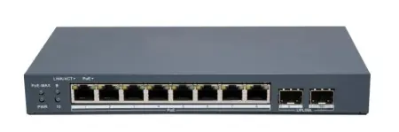 Switch PoE Hikvision DS-3E1510P-EI/M-8P2F: 8 × Gigabit PoE port,2 × Gigabit Fiber Optical port, 8 porturi PoE maxim 30W, buget PoE 80W, tensiune alimentare 54VDC, 1.6A, dimensiuni: 217.6 mm × 27.6 mm × 108.5 mm, greutate: 1.08kg, montare pe birou sau pe Preț mic