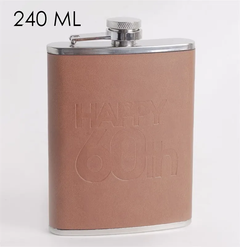 Plată sigură Laposüveg inoxidabil oţel happy 60th - fericit 60-at subtitlu maro imitație piele 240ml