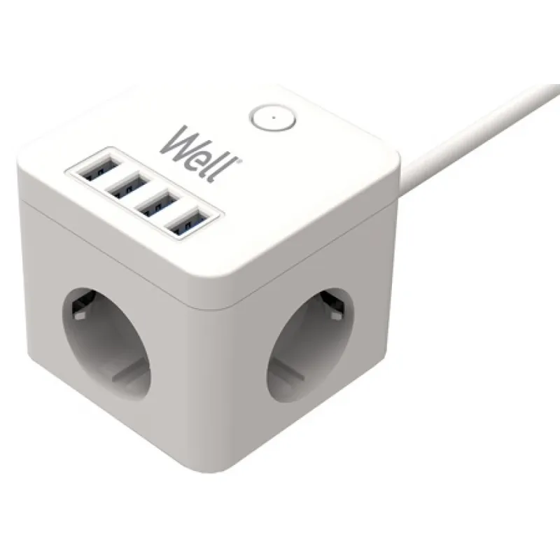WELL Powercube Splitter 3 priză 4x USB-A 3m alb cu comutator Doar azi
